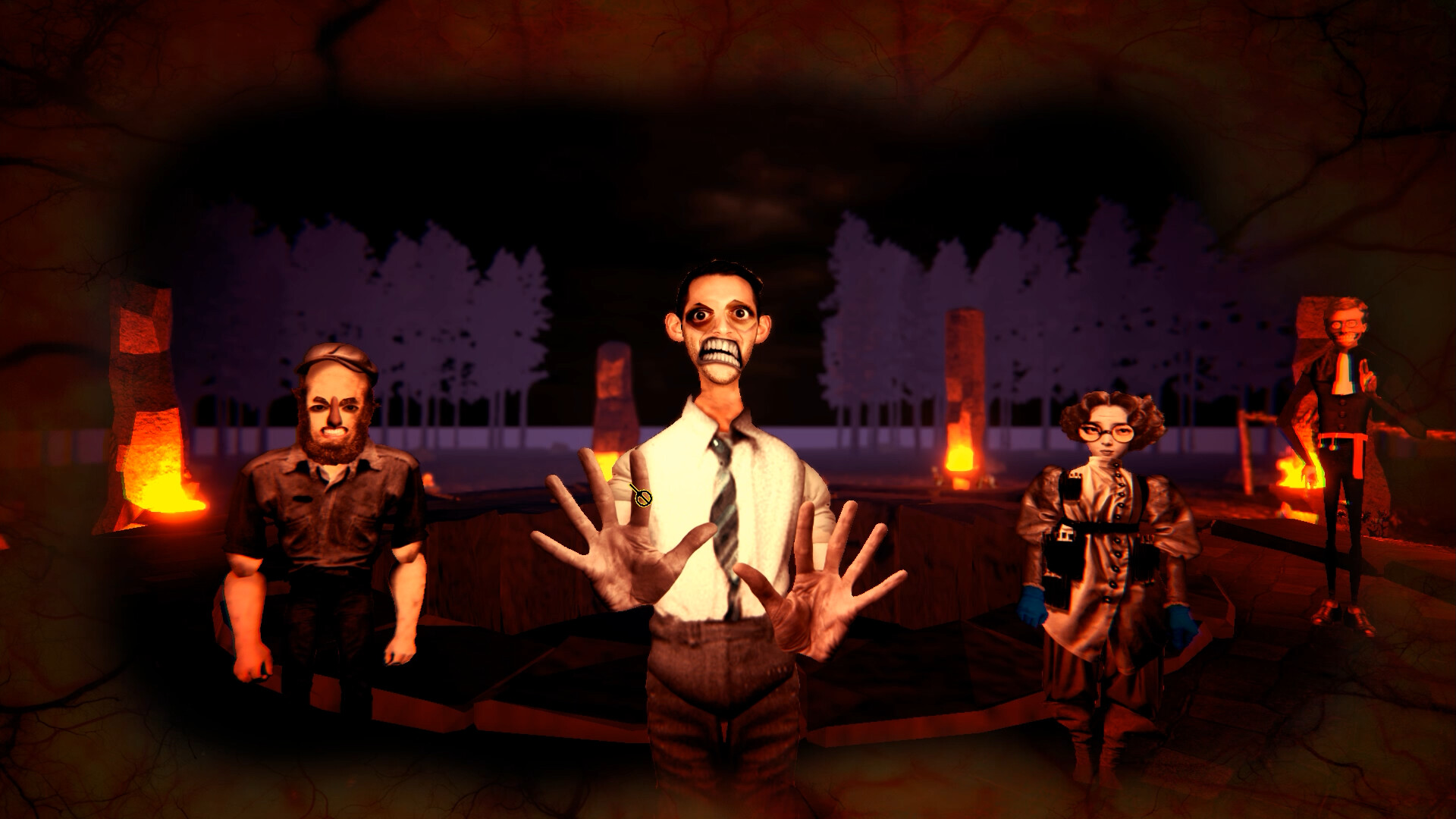 Four unusual figures with strangely proportioned features stand in a dark room