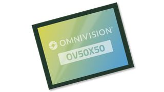 A close-up of the OmniVision OV50X50 image sensor with a gradient background, featuring the brand logo and model name