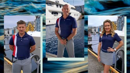 cast members of below deck adventure on a water background