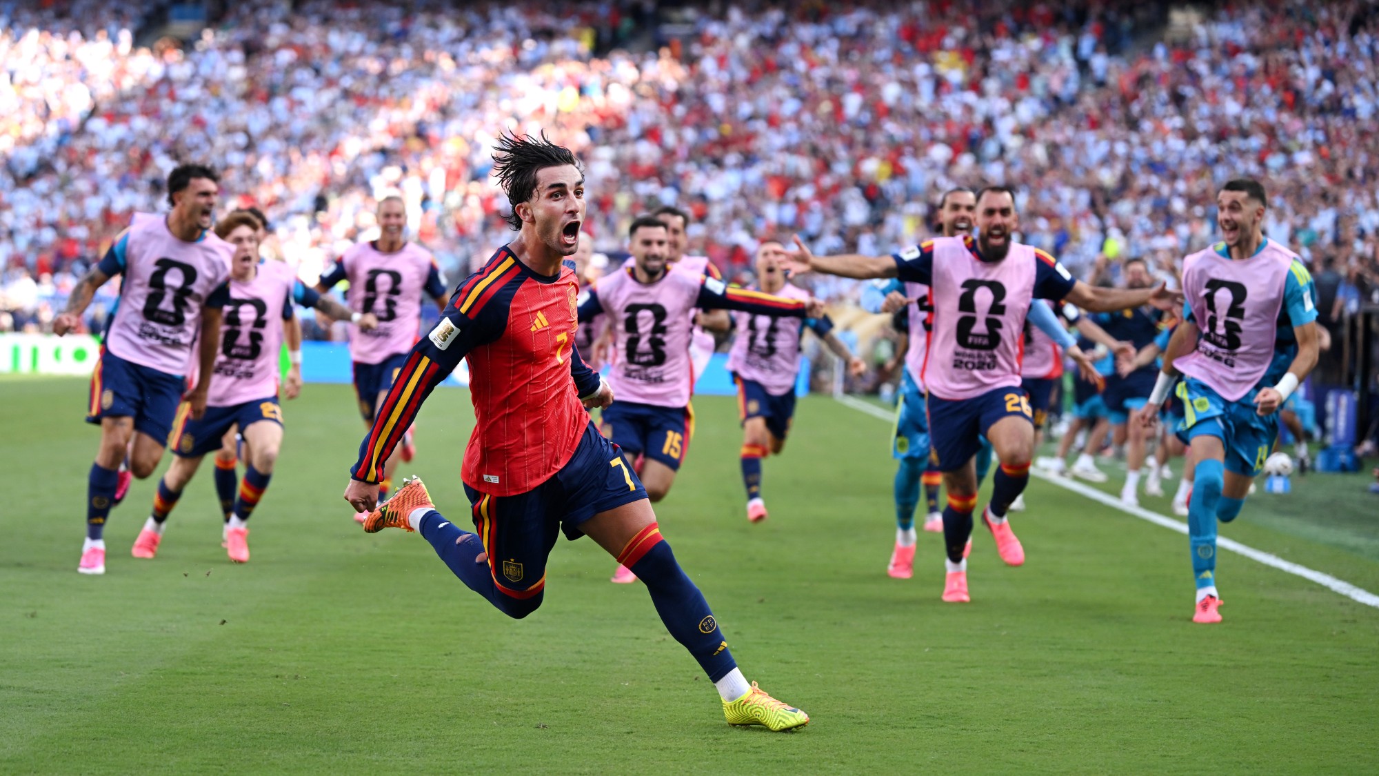 Ferran Torres celebrates his World Cup-winning goal against Argentina