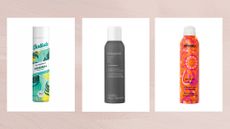 Collage of three of the best dry shampoos featured in this guide from (left to right) Batiste, Living Proof and Amika, set against a dusky pink watercolour-style background