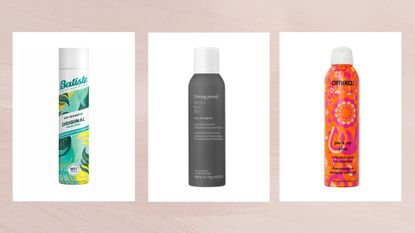 Collage of three of the best dry shampoos featured in this guide from (left to right) Batiste, Living Proof and Amika, set against a dusky pink watercolour-style background