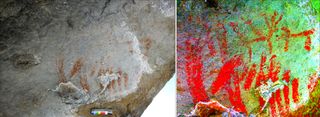 A series of simple parallel lines along with two animal figures can be seen in rock paintings at Abri Faravel (normal light on left; digital enhancement on right).