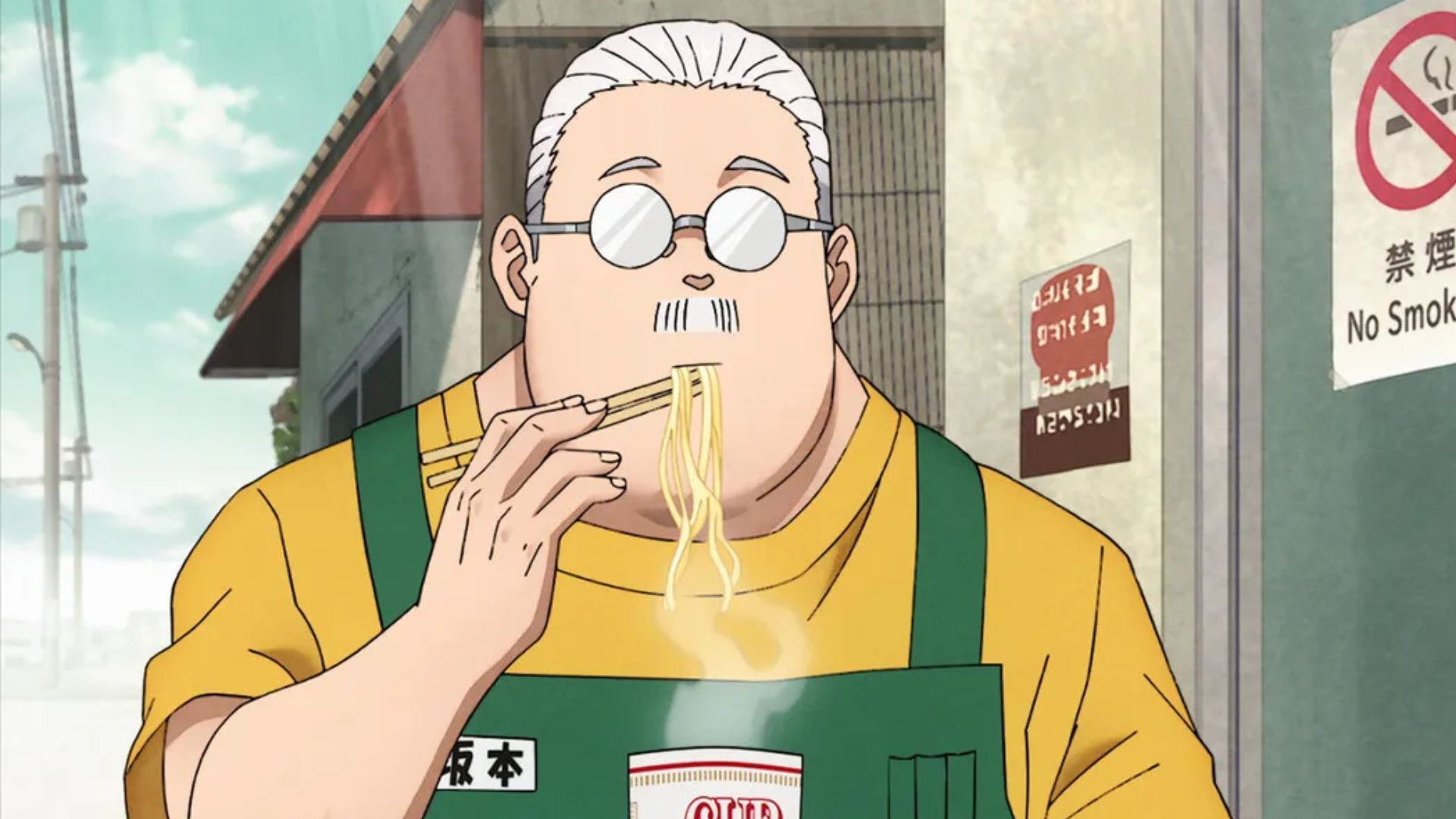 Taro Sakamoto slurps a pot of instant noodles outside the convenience store