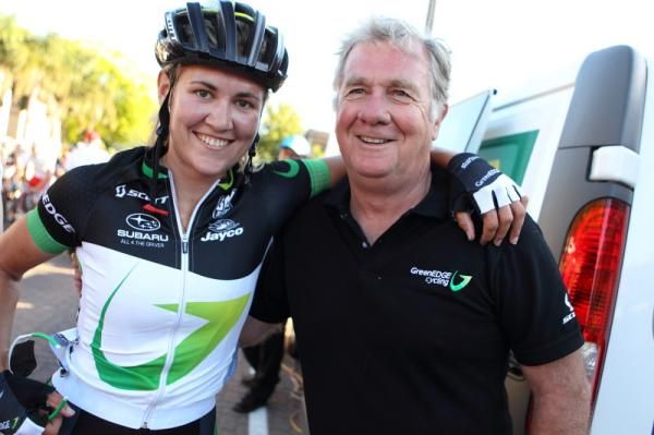 The race winner, who is, fittingly, the Australian criterium Champion Alexis Rhodes, with GreenEDGE-AIS financial backer Gerry Ryan.
