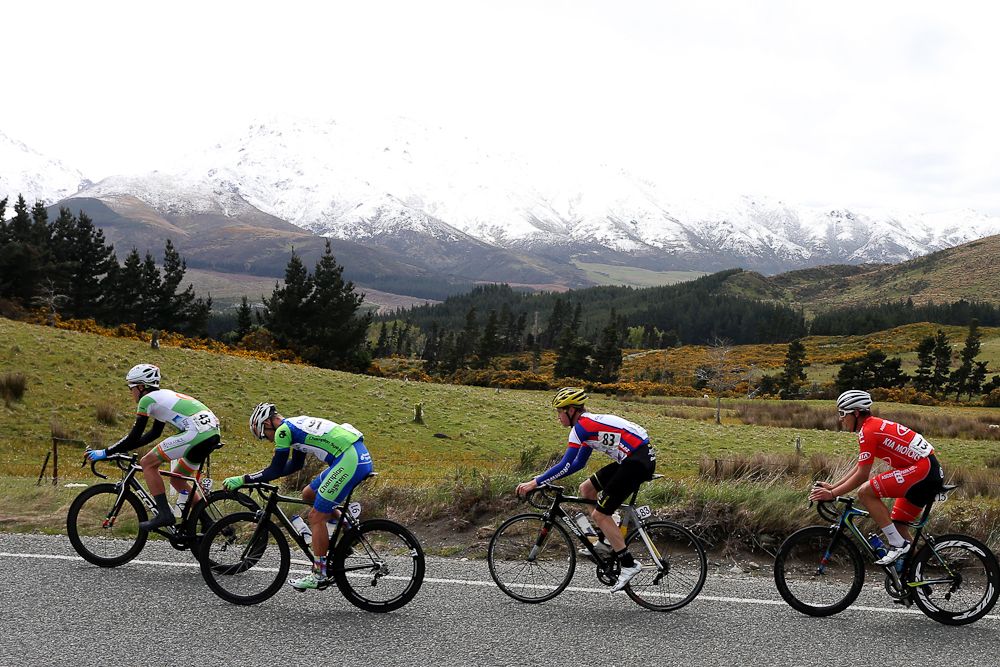 The breakaway group on the climb toward Manapouri during stage three of the Tour of Southland
