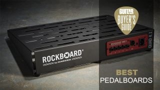 Close-up of Rockboard pedalboard on a concrete floor