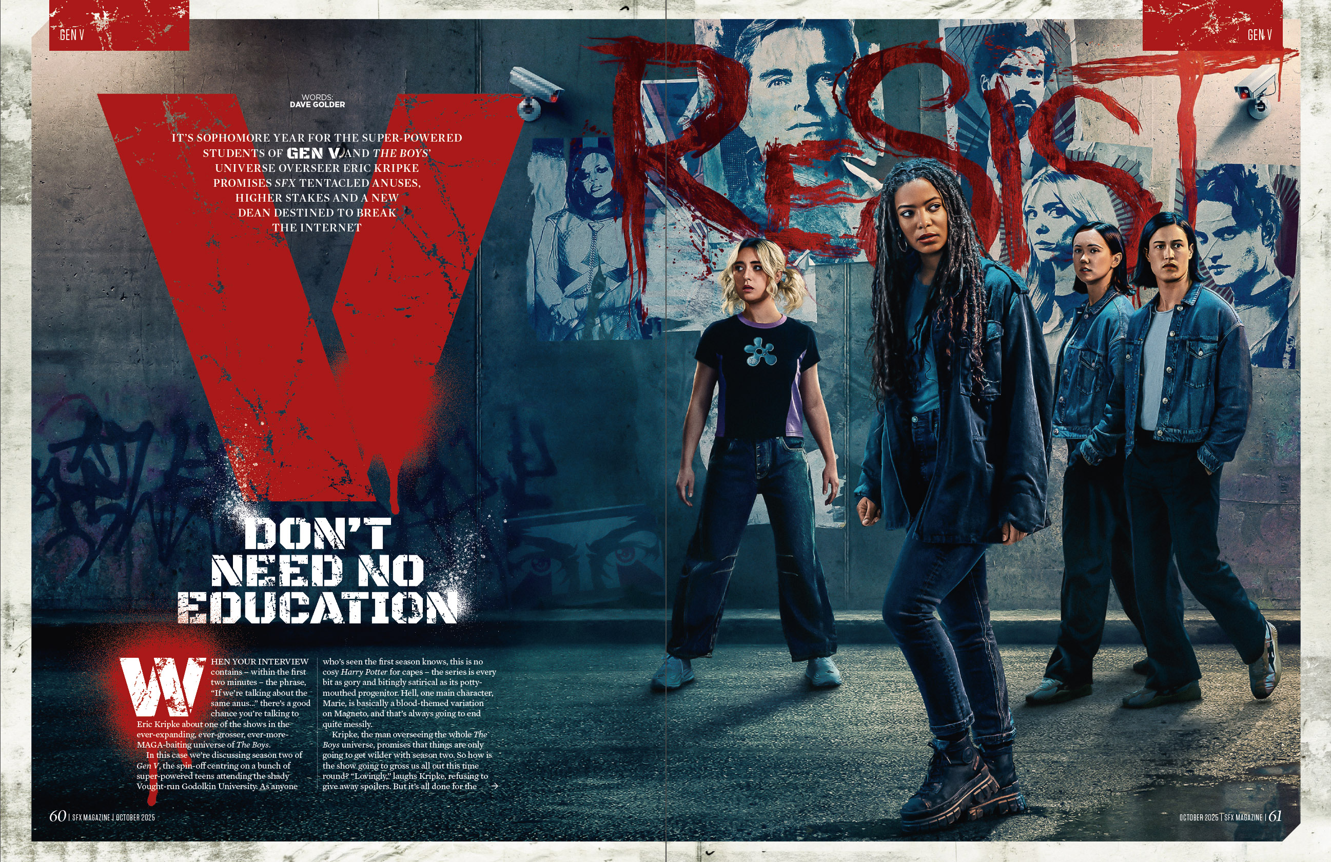Four Gen V characters in front of a wall with graffiti reading &quot;Resist&quot;.