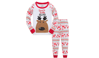 A pair of child's pyjamas in red and white with a reindeer on the shirt.