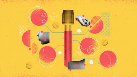 Illustration of a test tube of blood, red blood cells, Voxelotor chemical model and people of colour