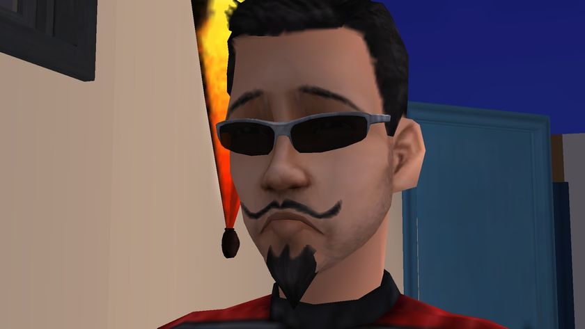 The Sims 2 - a sim in sunglasses and a moustache frowns