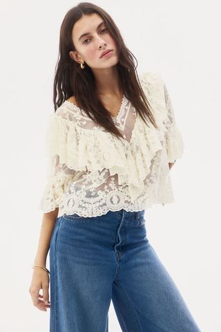 Flounce-Trimmed Lace Blouse