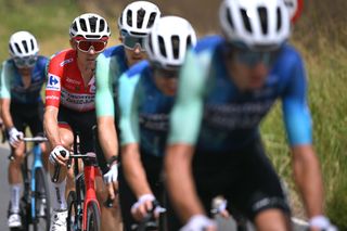 GRANADA SPAIN AUGUST 25 Ben OConnor of Australia and Team Decathlon AG2R La Mondiale Red Leader Jersey competes during the La Vuelta 79th Tour of Spain 2024 Stage 9 a 1785km stage from Motril to Granada UCIWT on August 25 2024 in Granada Spain Photo by Dario BelingheriGetty Images