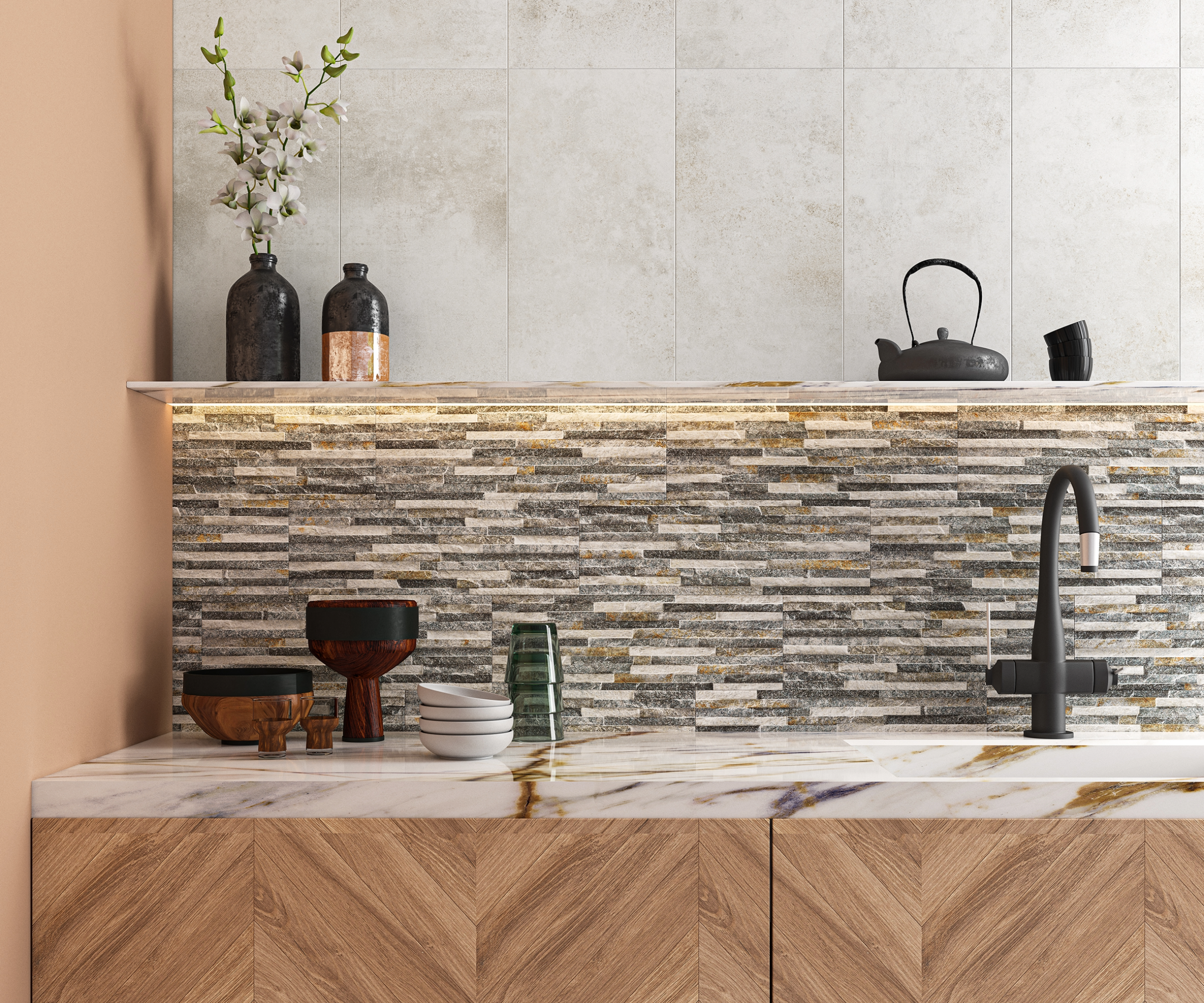 Kitchen with wooden cabinets and stone wall tiling ideas