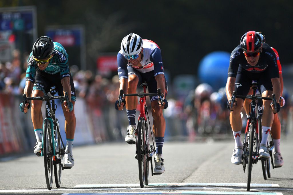 PLOUAY FRANCE AUGUST 29 LR Franck Bonnamour of France and Team Israel StartUp Nation Jasper Stuyven of Belgium and Team Trek Segafredo and Ethan Hayter of United Kingdom and Team INEOS Grenadiers cross the finishing line during the 76th Tour of Spain 2021 Stage 15 a 1975km km stage from Navalmoral de la Mata to El Barraco lavuelta LaVuelta21 on August 29 2021 in El Barraco Spain Photo by Luc ClaessenGetty Images