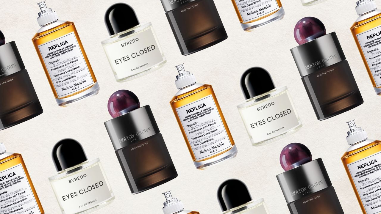 A collage of winter perfumes including Molton Brown&#039;s Fiery Pink Pepper, Maison Margiela&#039;s By The Fireplace and Byredo Eyes Closed, arranged in a diagonal, repeated pattern/ on a cream background.