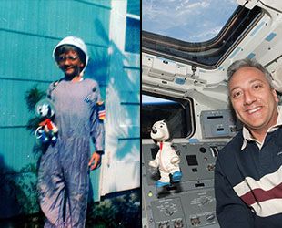 Mike Massimino poses as a child with an astronaut Snoopy toy in July 1969 and again as an astronaut aboard the space shuttle Atlantis in May 2009.