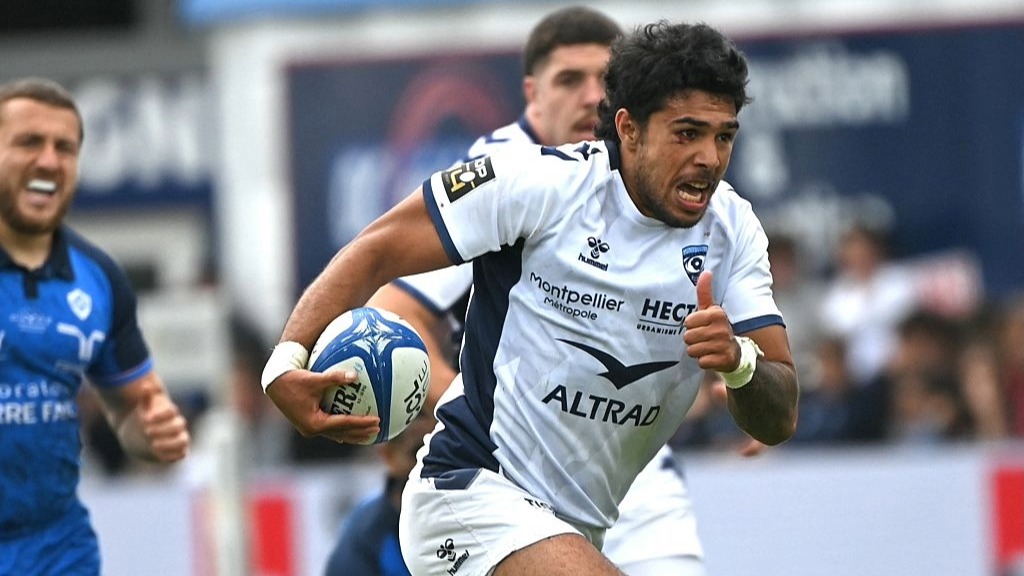 Montpellier winger Donovan Taofifenua runs to the line during a Top 14 rugby game.