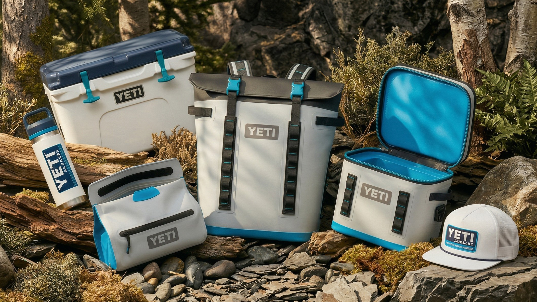 Selection of Yeti Throwback coolers and bags on some shingles, with a wood in the background
