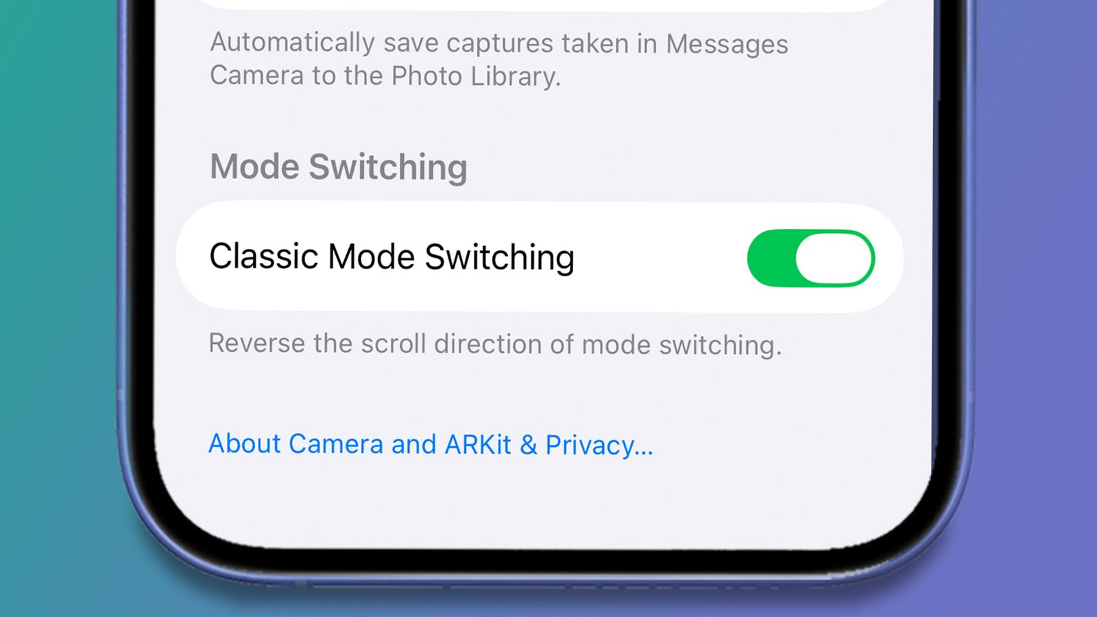 An iPhone on a green and blue background showing a Camera menu
