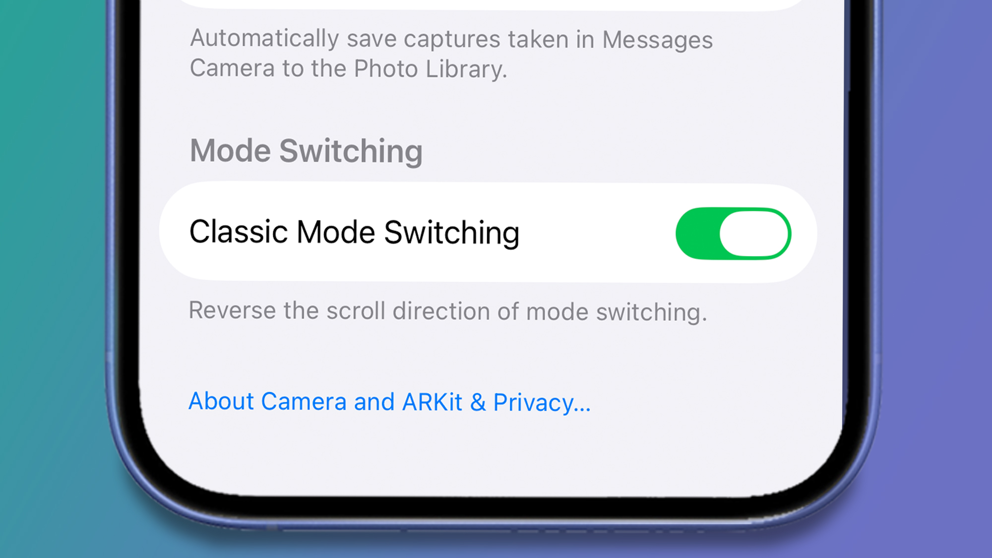 An iPhone on a green and blue background showing a Camera menu