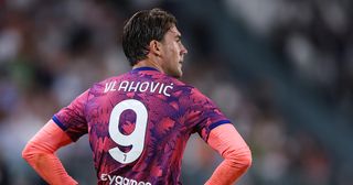 Arsenal target Dusan Vlahovic of Juventus reacts after scoring a goal which was disallowed during the Serie A match between Juventus and Salernitana at on September 11, 2022 in Turin, Italy