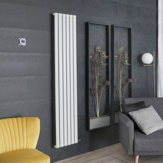 Tall white radiator on dark grey wall in living room