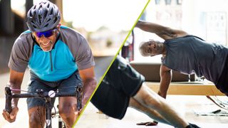 Split image showing a man cycling on the left and a man doing Pilates on the right, a complementary exercise pairing