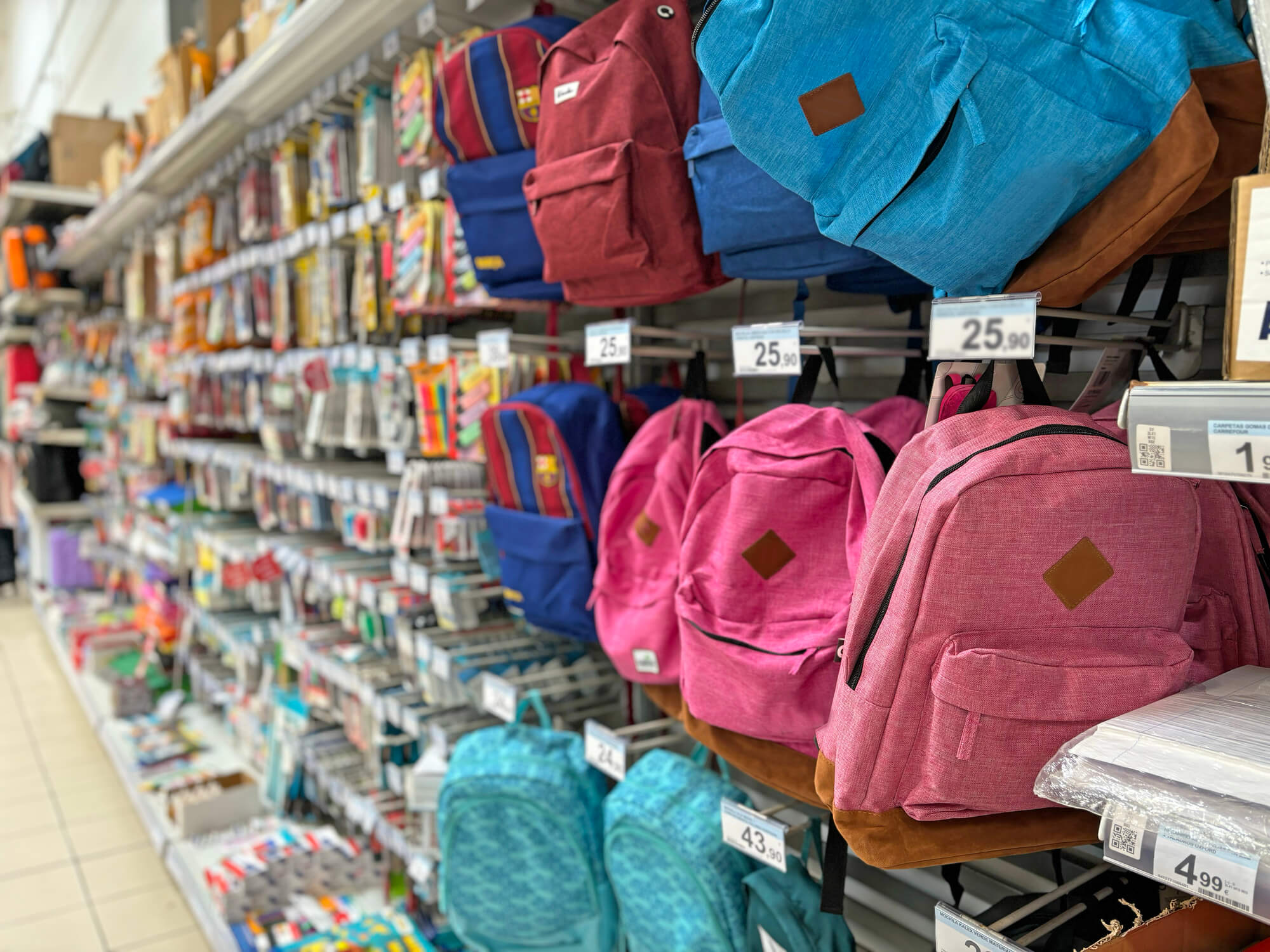 School backpacks at stationery shop