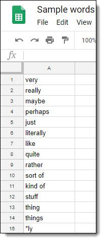 Google Sheet sample word list screenshot