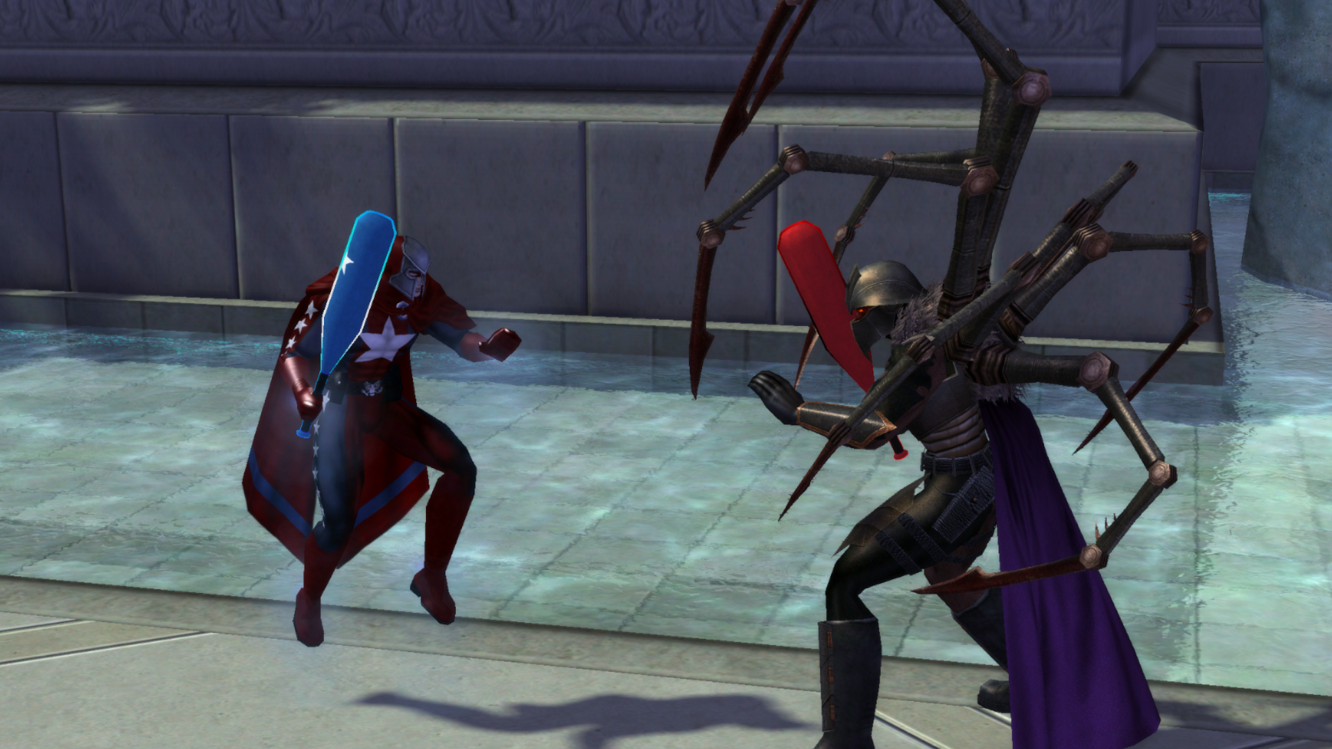 Statesman fights Lord Recluse at the foot of Atlas' statue in Atlas Park in City of Heroes: Homecoming.