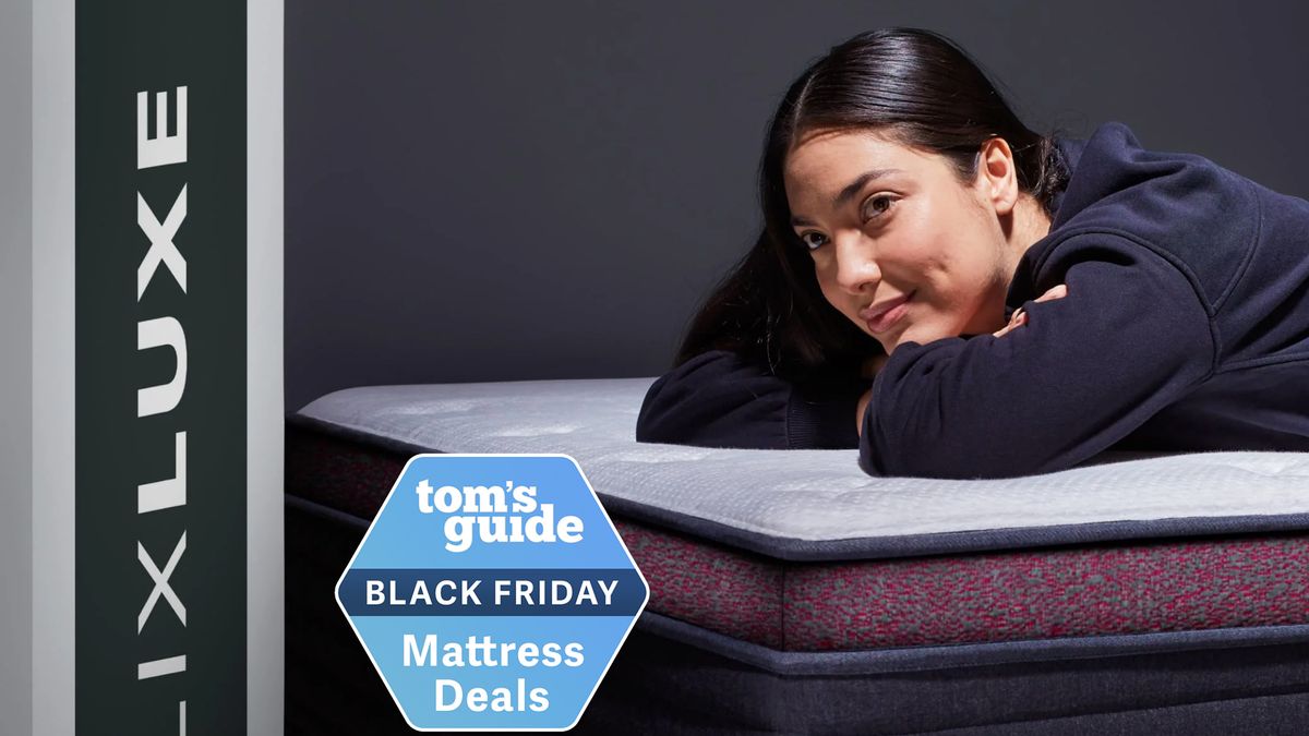 Black Friday mattress deals: Helix Dusk Luxe mattress with a woman laying on her stomach with the Dusk Luxe box next to it