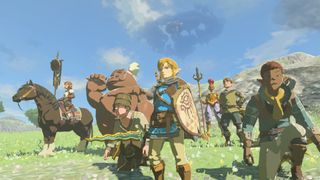 Link stands alongside his allies, holding a beige shield and wearing a blue tunic