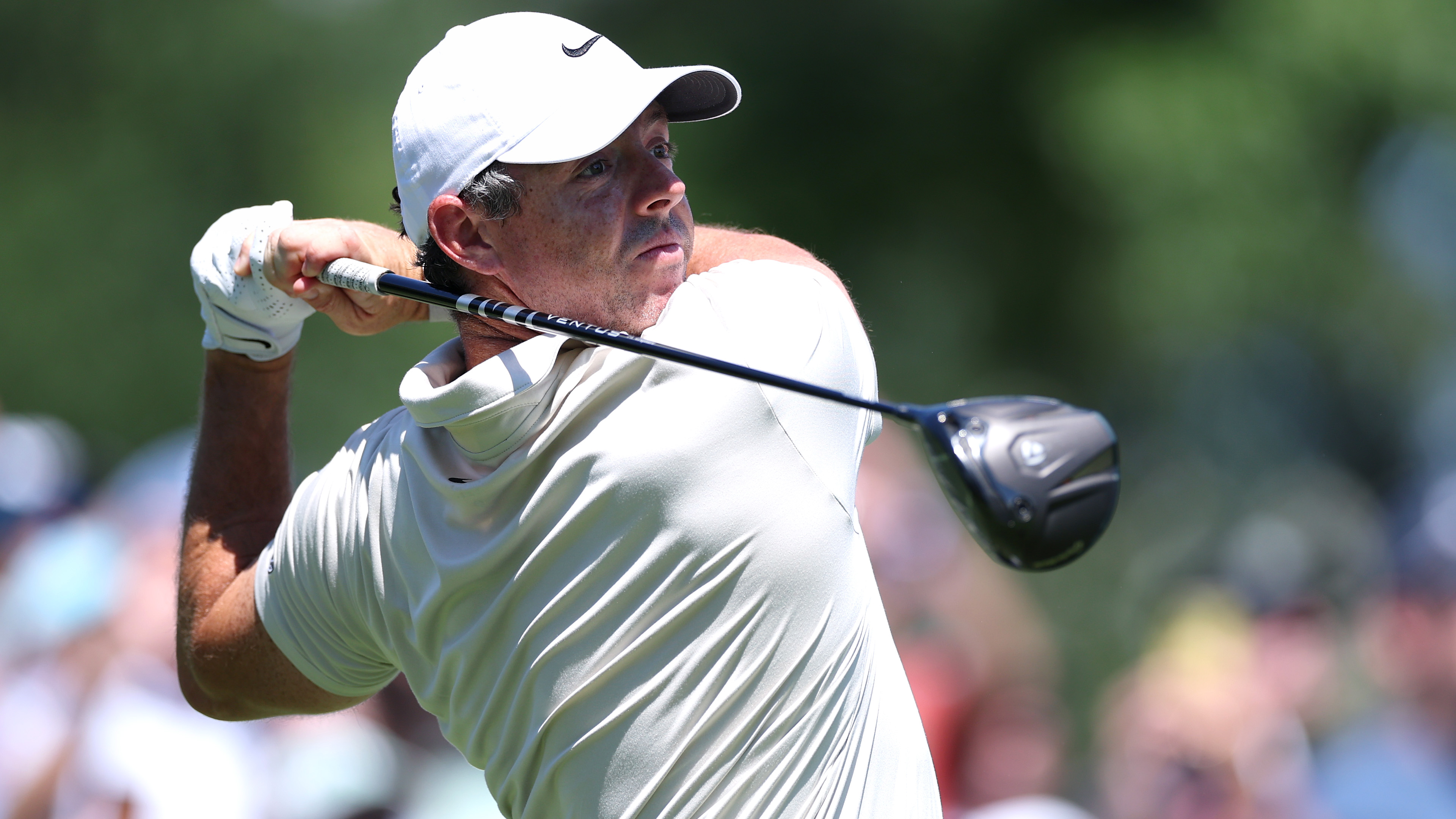 Rory McIlroy of Northern Ireland plays his shot from the fourth tee during the first round of the BMW Championship 2026 at Bellerive Country Club