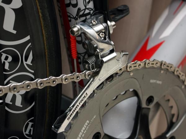 A Force steel cage is spliced on to the Red front derailleur for additional stiffness and presumably faster shifting.