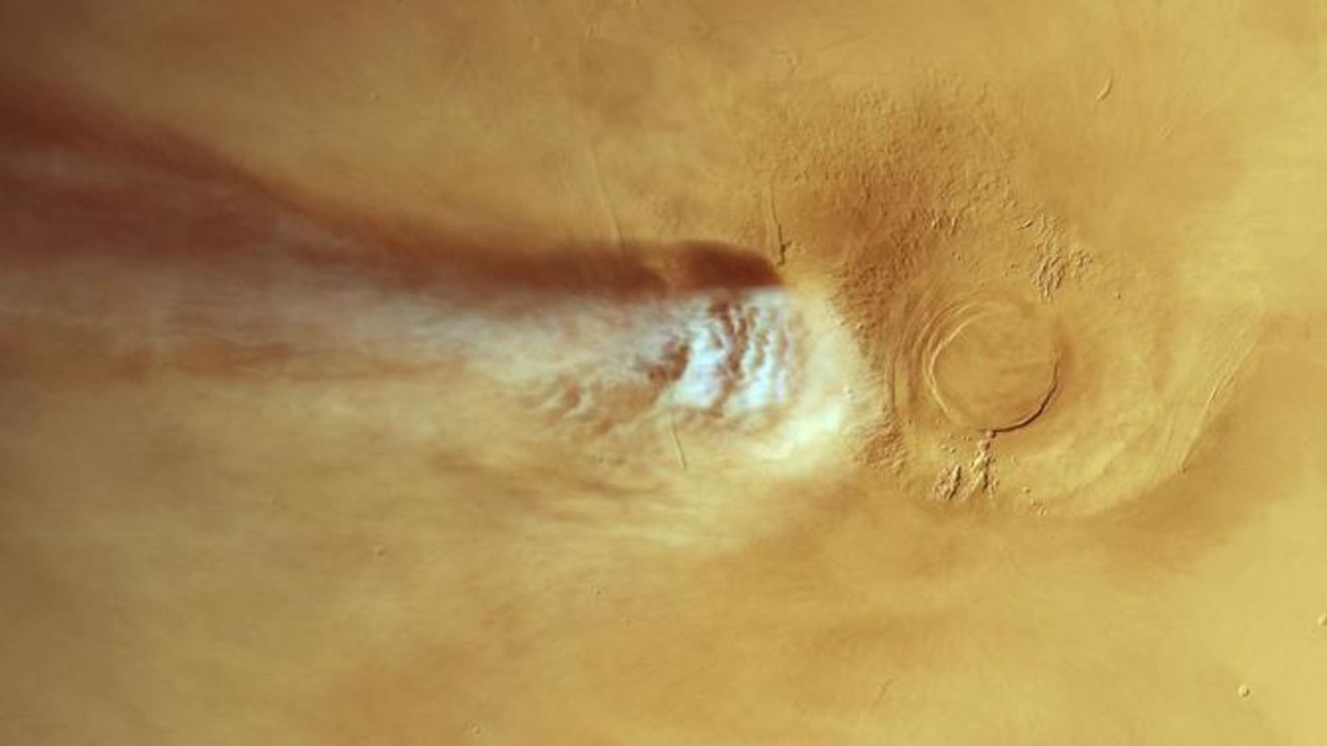 A top-down photo of the cloud next to Arsia Mons