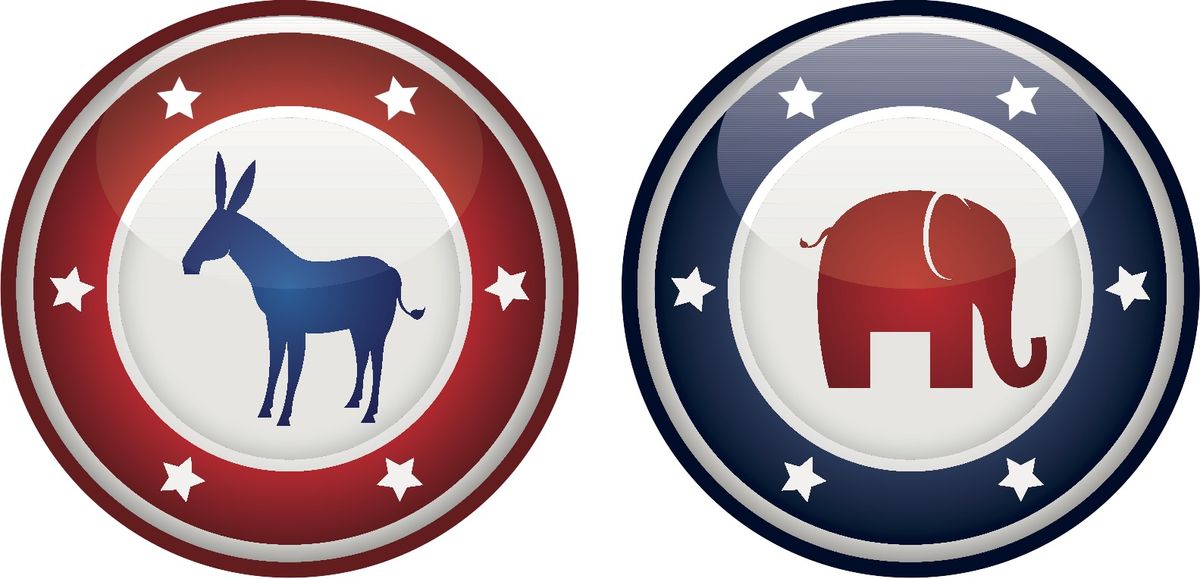 Vector illustration of democrats vs republicans mascots on a badge or shield.