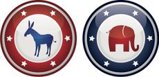Vector illustration of democrats vs republicans mascots on a badge or shield.