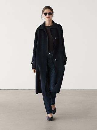 Long Pinstripe Wool Blend Coat