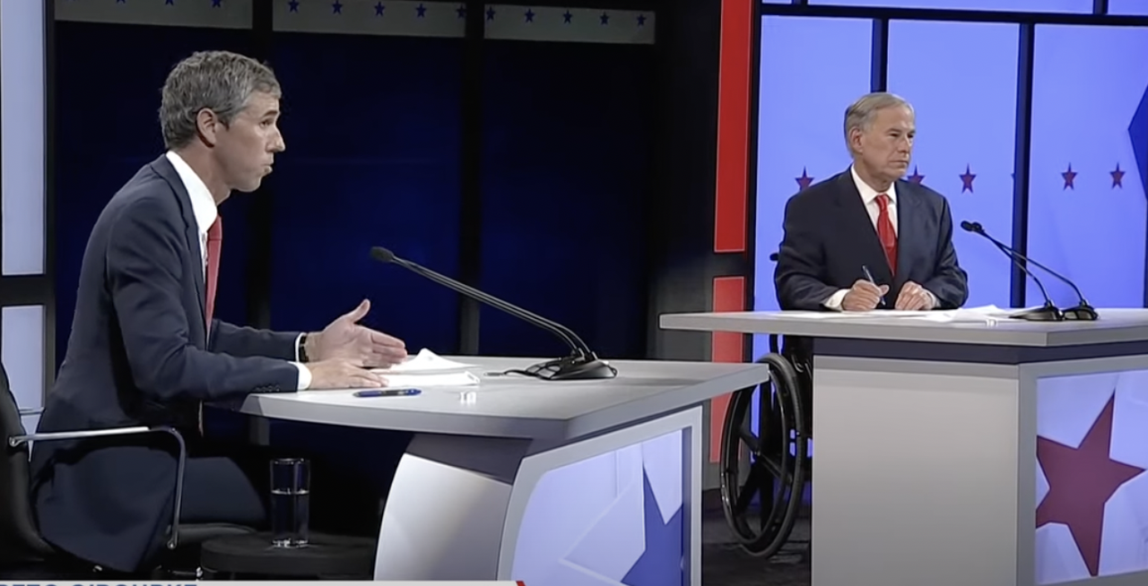 Beto O&amp;#039;Rourke and Gov. Greg Abbott face each other during a debate. 