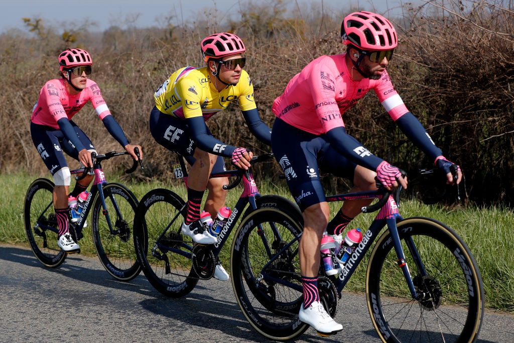 CHIROUBLES FRANCE MARCH 10 Daniel Arroyave Caas of Colombia Stefan Bissegger of Switzerland Yellow Leader Jersey Julien El Fares of France and Team EF Education Nippo during the 79th Paris Nice 2021 Stage 4 a 1875km stage from ChalonSurSane to Chiroubles 702m ParisNice on March 10 2021 in Chiroubles France Photo by Bas CzerwinskiGetty Images