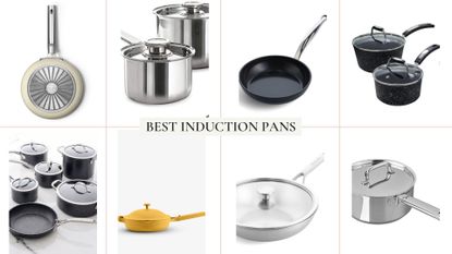 A collage image of eight of the best induction pans to buy in 2022