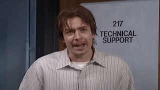 Jimmy Fallon as Nicky Burnes in front of the Technical Support door on SNL