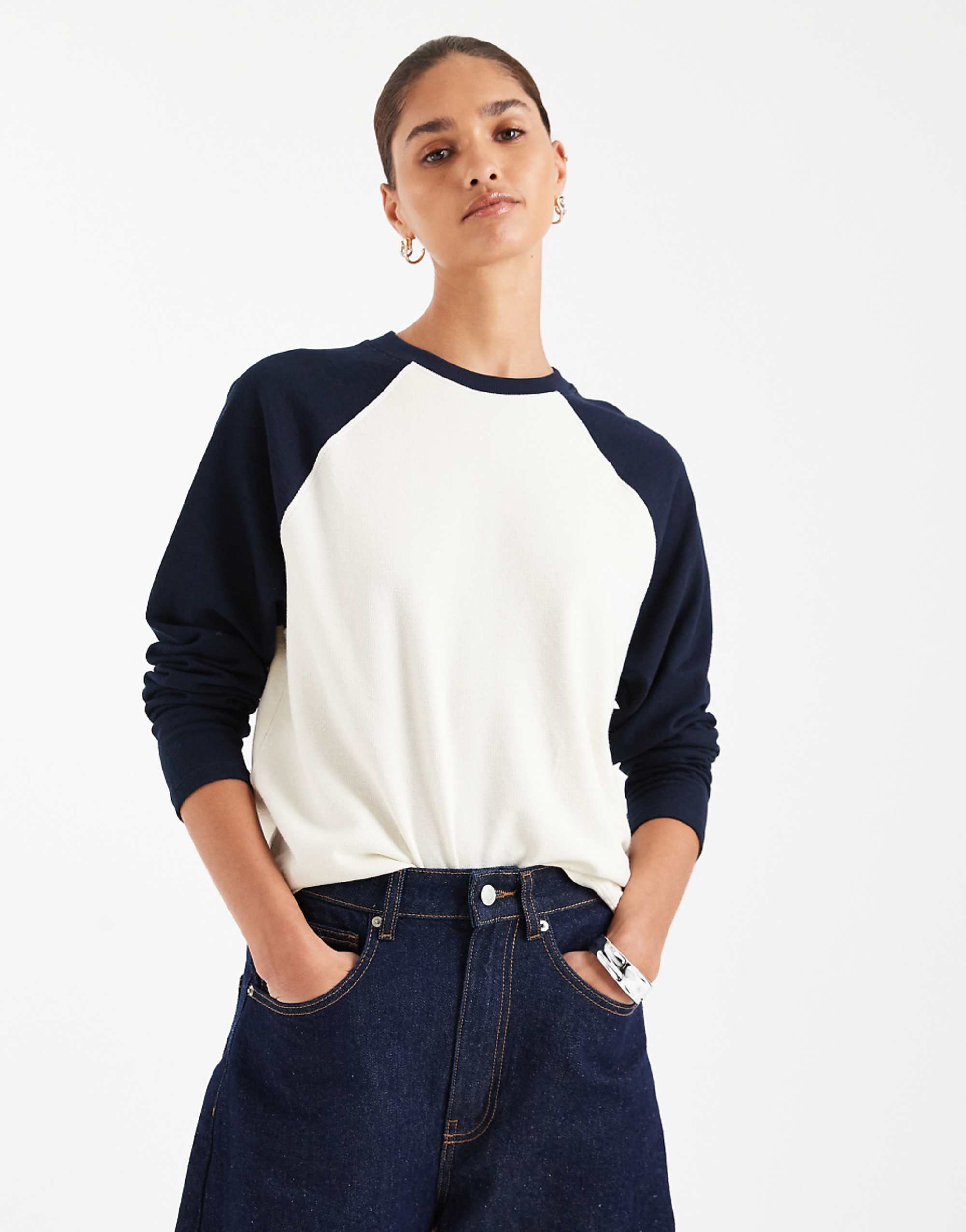 Asos Design Textured Raglan Long Sleeve T-Shirt in Cream &amp;amp; Navy