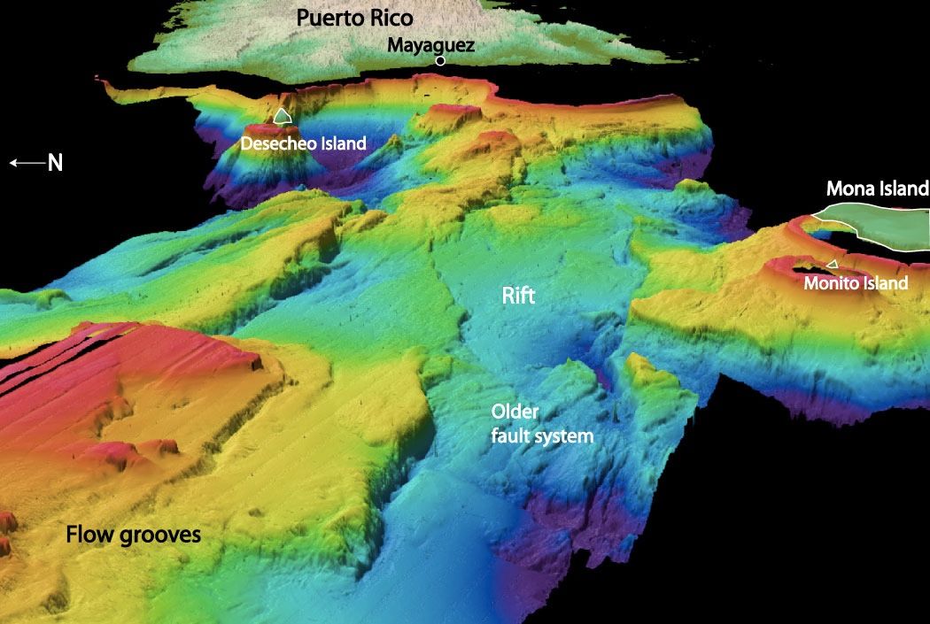 In the 1940s, Navy scientists were forbidden from sharing key oceanographic data, such as bathymetric measurements, with scientists who lacked a security clearance. Here, the bathymetry of Mona Passage from the U.S. Geological Survey.