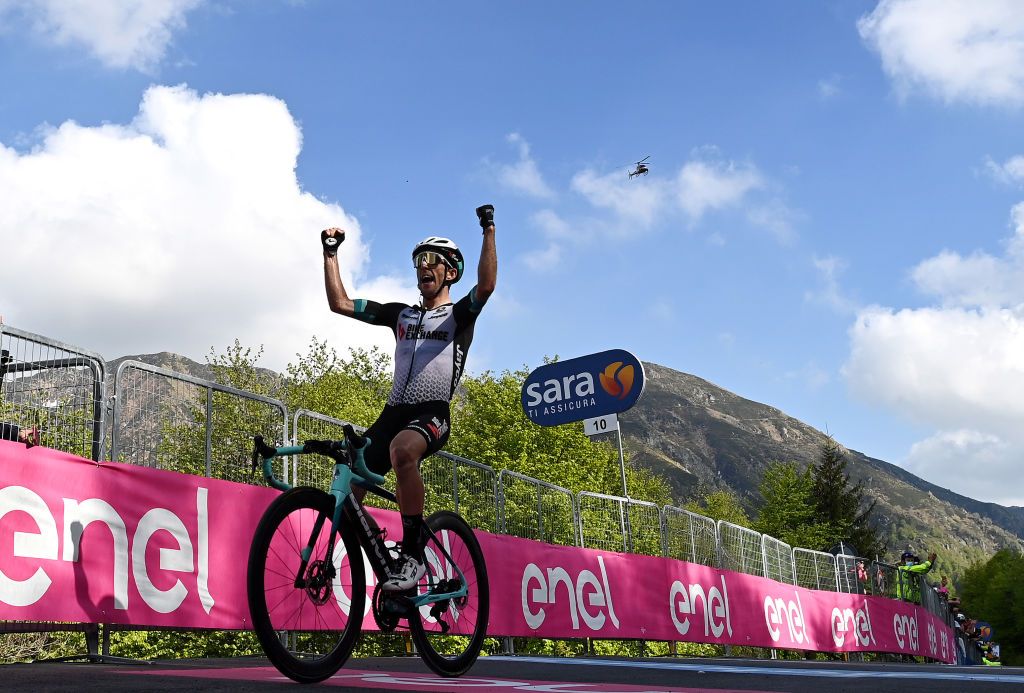 ALPE DI MERA VALSESIA ITALY MAY 28 Simon Yates of United Kingdom and Team BikeExchange stage winner celebrates at arrival during the 104th Giro dItalia 2021 Stage 19 a 166km stage from Abbiategrasso to Alpe di Mera Valsesia 1531m Team Presentation Stage modified due to the tragic events on May the 23rd 2021 that involved the Mottarone Cableway UCIworldtour girodiitalia Giro on May 28 2021 in Alpe di Mera Valsesia Italy Photo by Stuart FranklinGetty Images