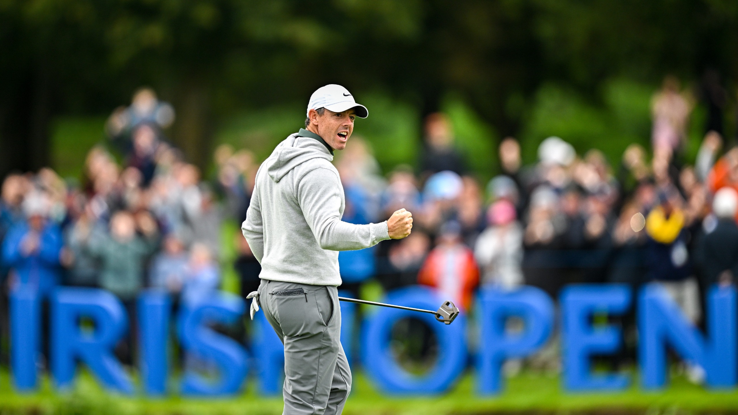Rory McIlroy celebrates after sinking a birdie putt on the 18th green during the final round of the Amgen Irish Open Golf Championship 2025 at The K Club in Straffan, Kildare