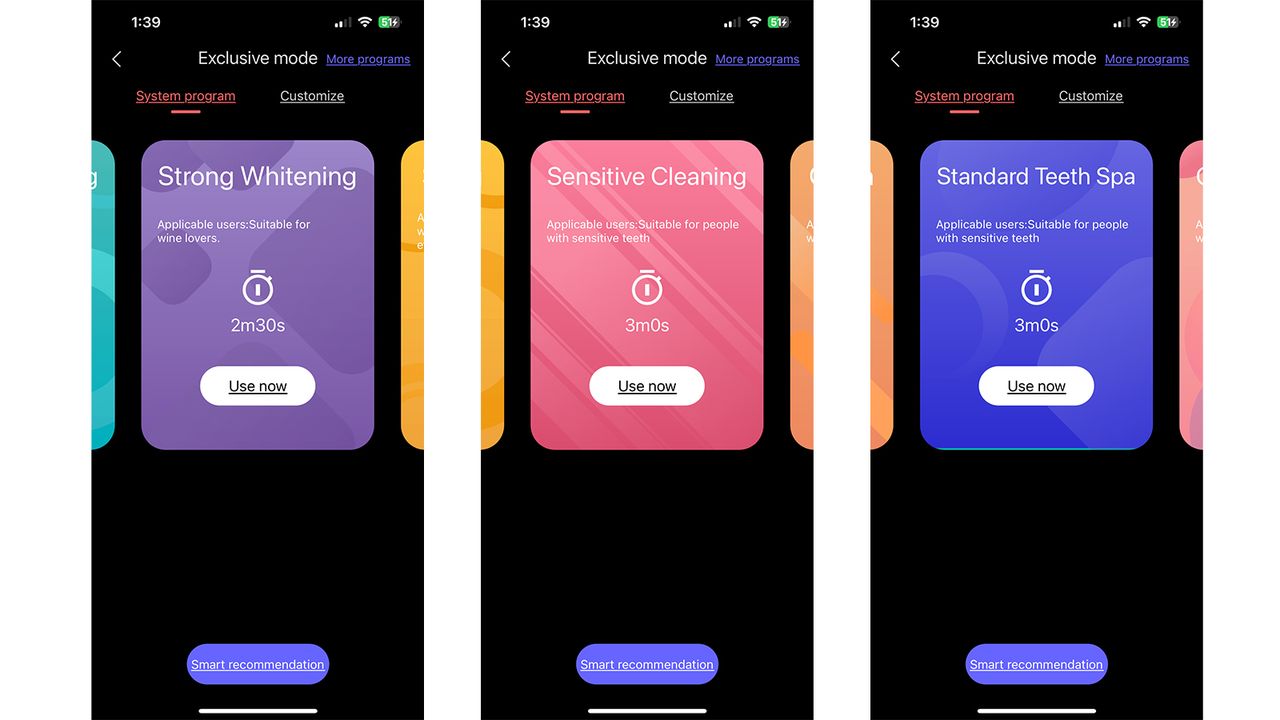 Screenshots of the Oclean Care+ app showing different brushing modes