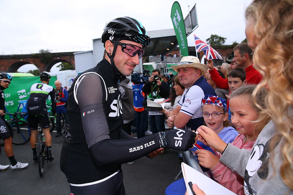 Elia Viviani greets fans at the Tour of Britain