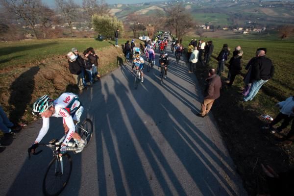 Why the long shadow? The Tirreno-Adriatico peloton climbs into the early evening